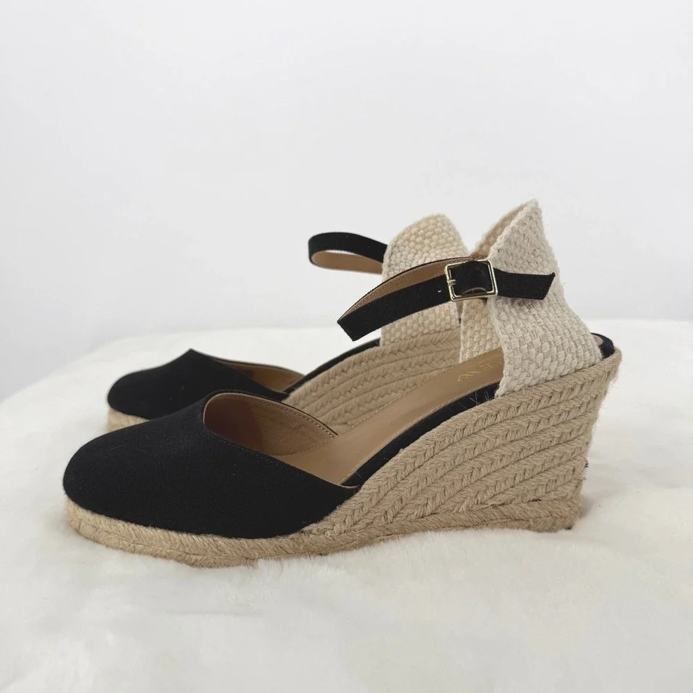 J.Crew Black Canvas Espadrille‎ Wedge Sandals Ankle Strap Women's Size 7.5